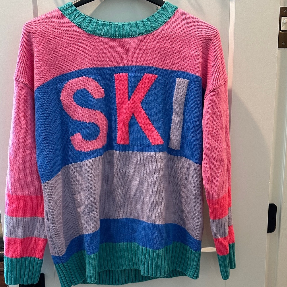 Colorblock 'SKI' Crewneck Sweater in Pink, Blue & Teal